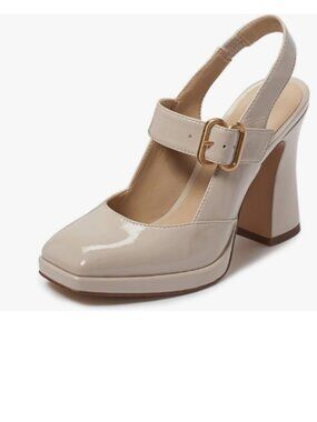 FYS Nude Platform Square Toe Pumps Block High Heel Mary Janes Slingback Shoes